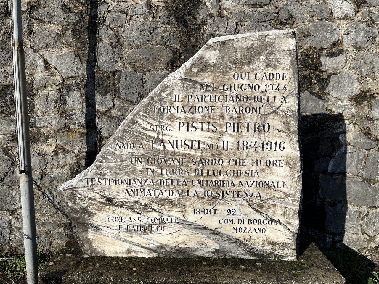Memorial stone in memory of partisan Pietro Pistis